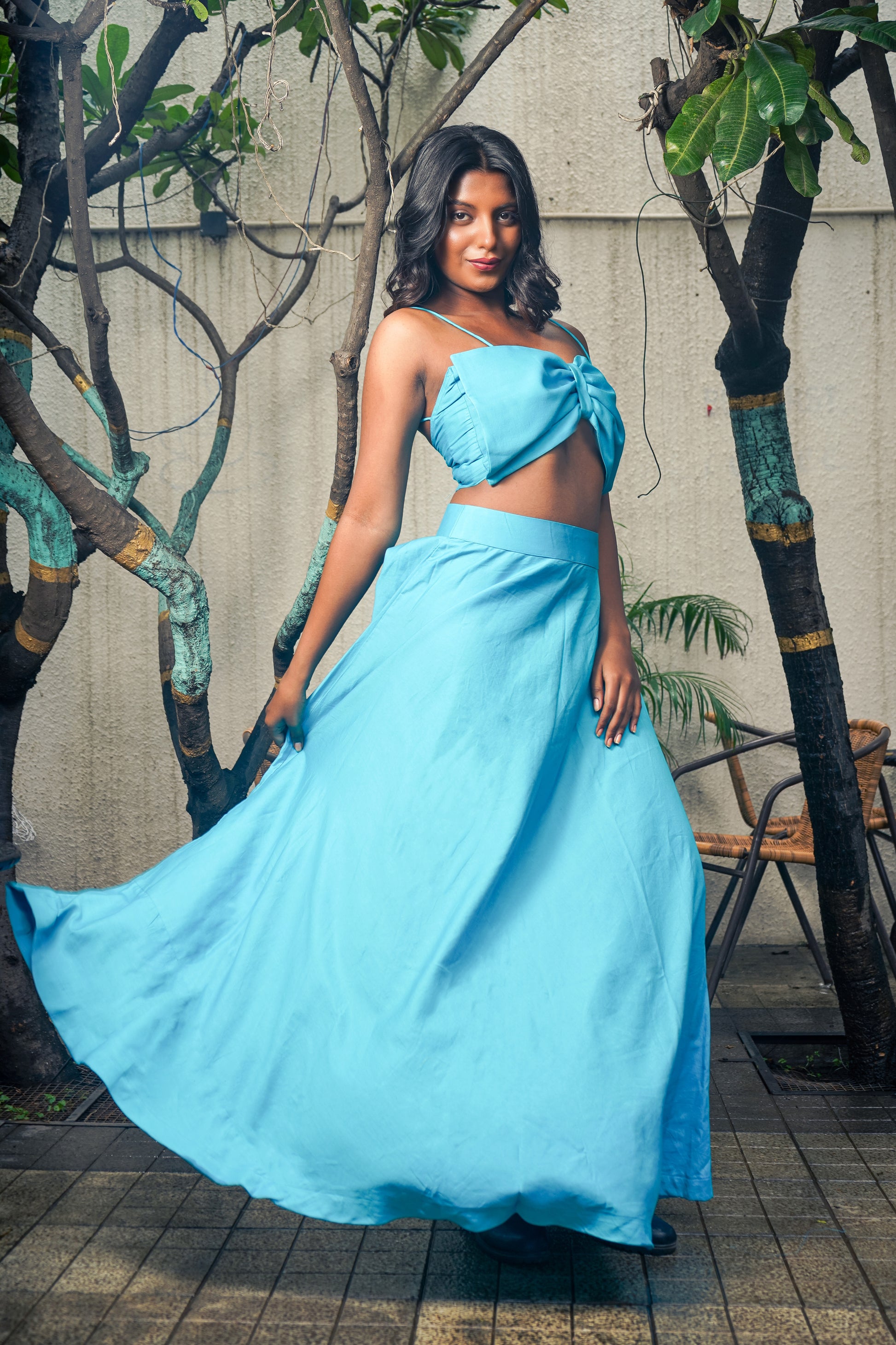 Blue Skirt and Bow top