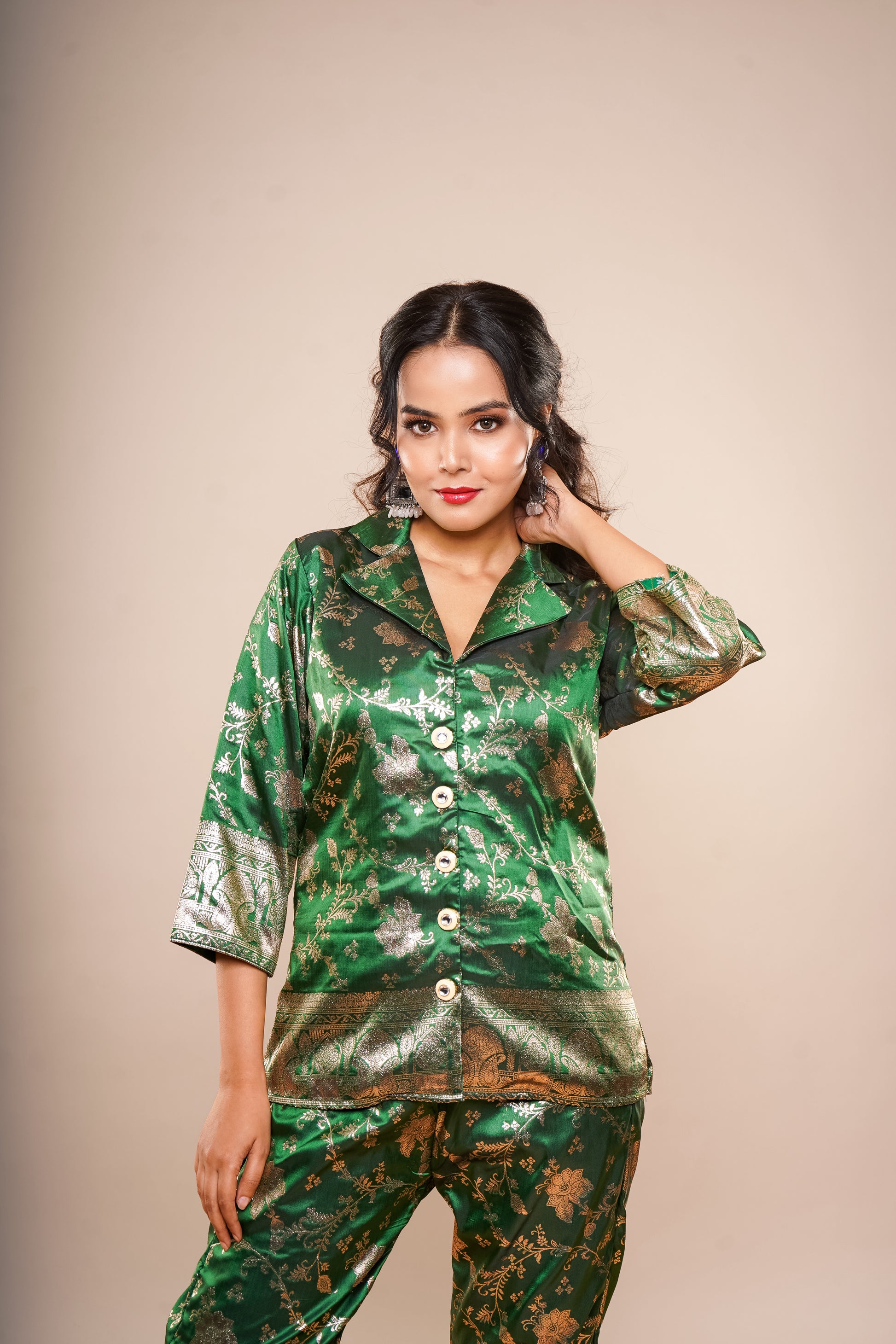Dark Green Brocade Co-Ord Set