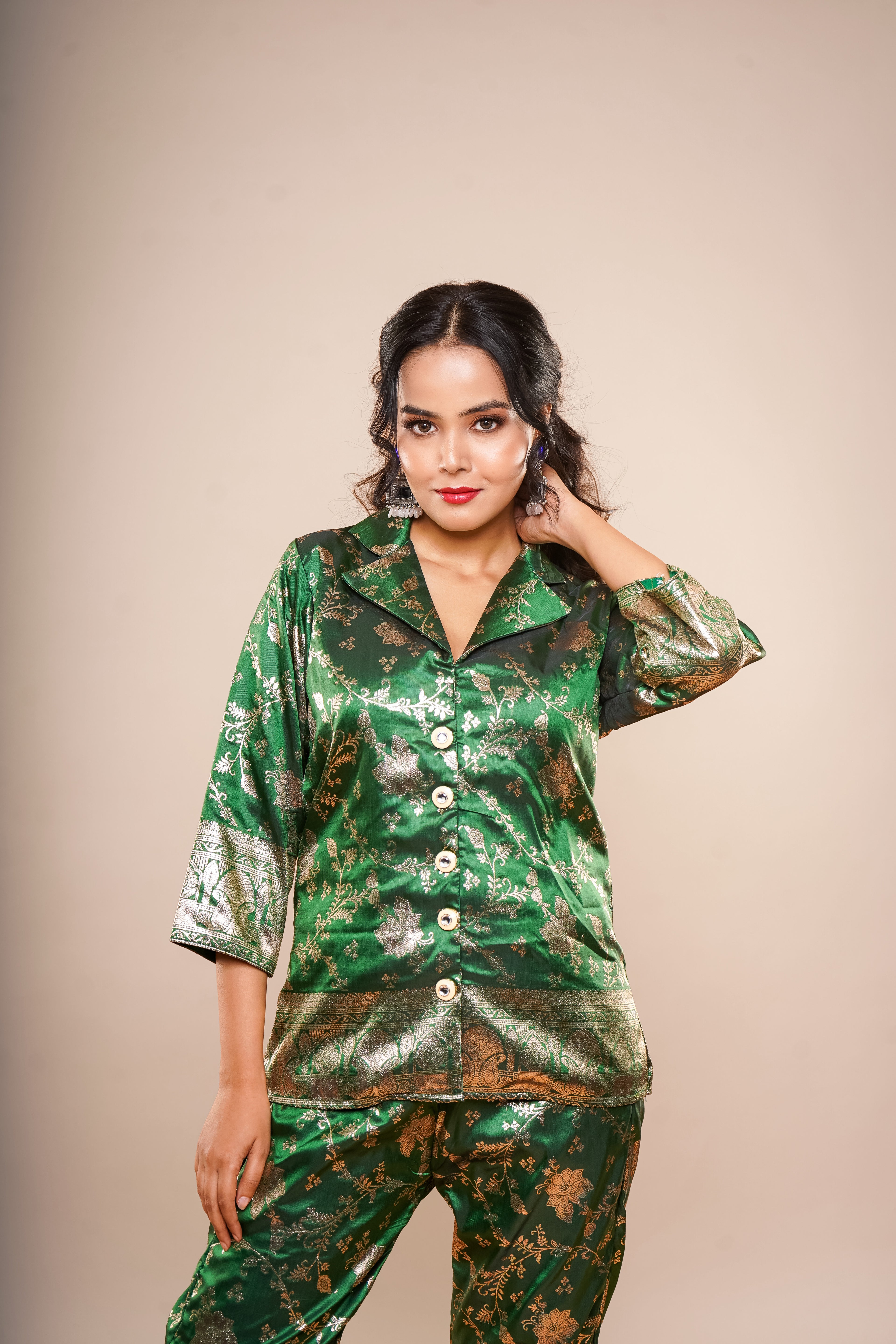 Dark Green Brocade Co-Ord Set