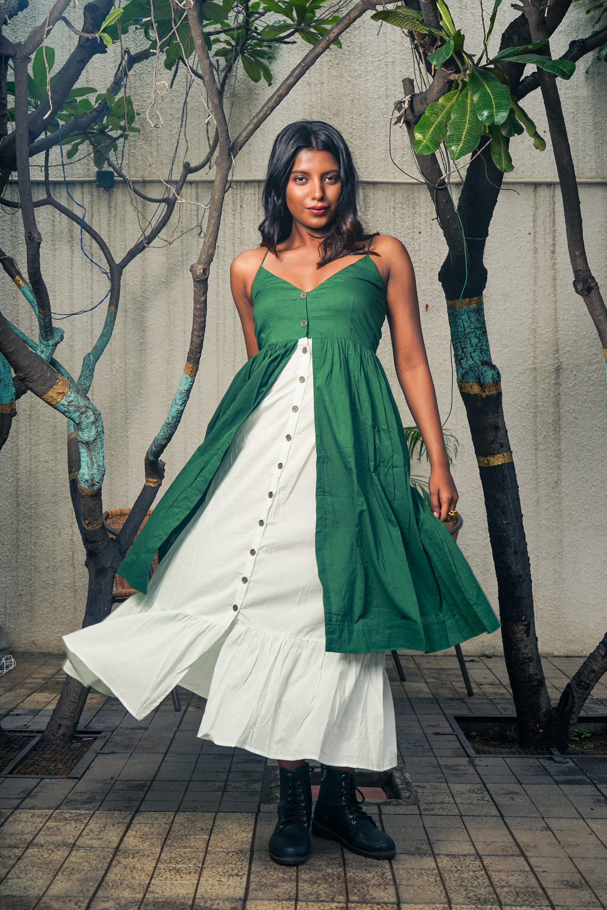 Green White Cotton Long Dress