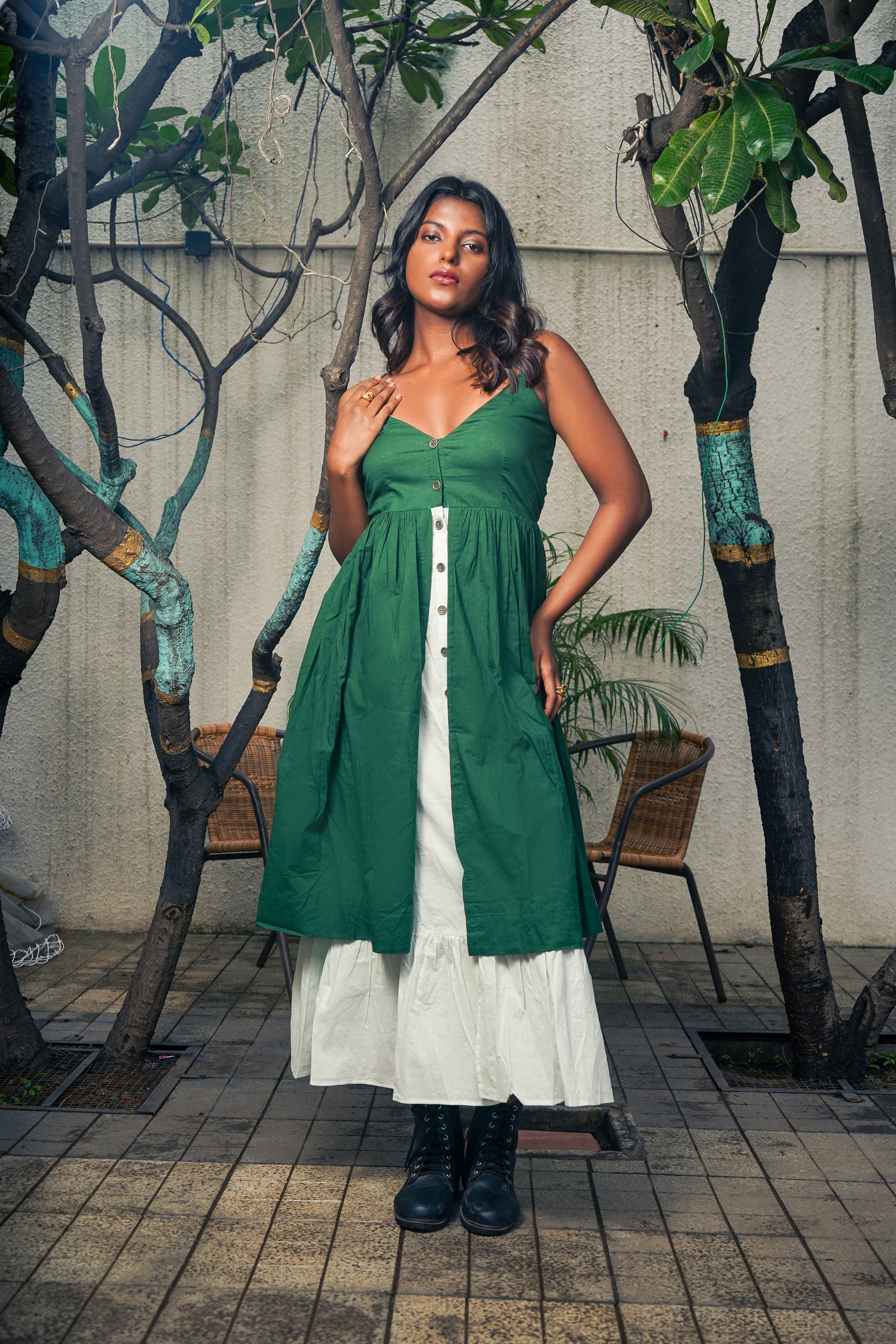 Green White Cotton Long Dress