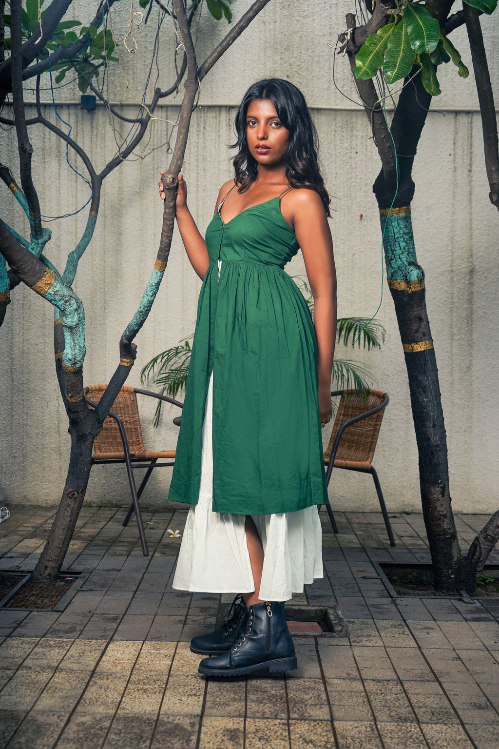 Green White Cotton Long Dress