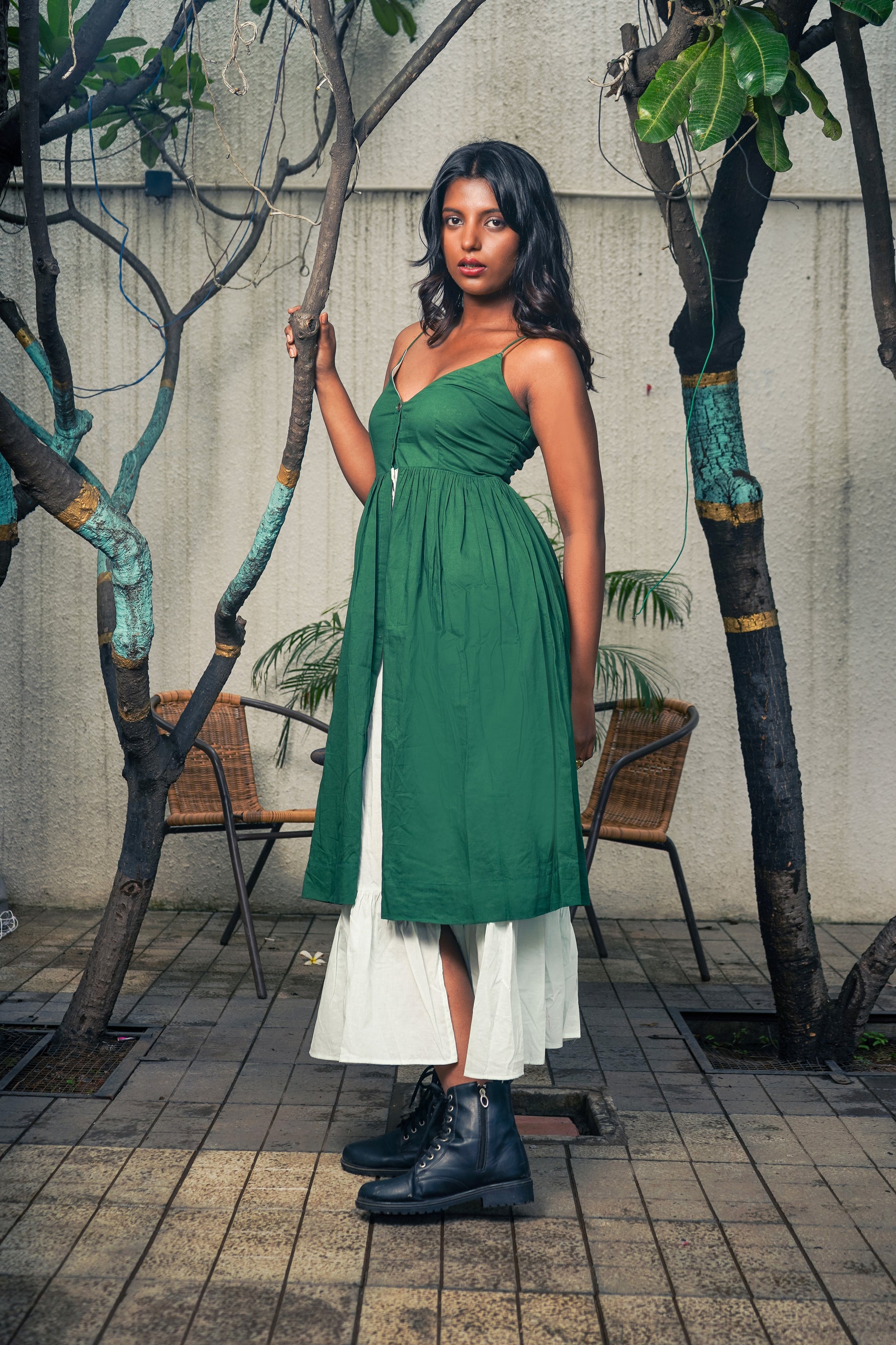 Green White Cotton Long Dress