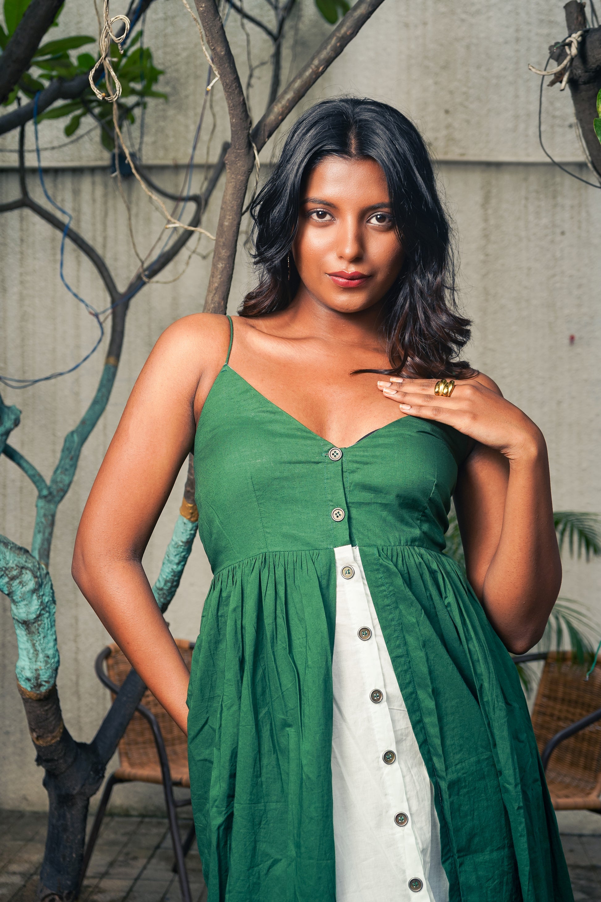 Green White Cotton Long Dress