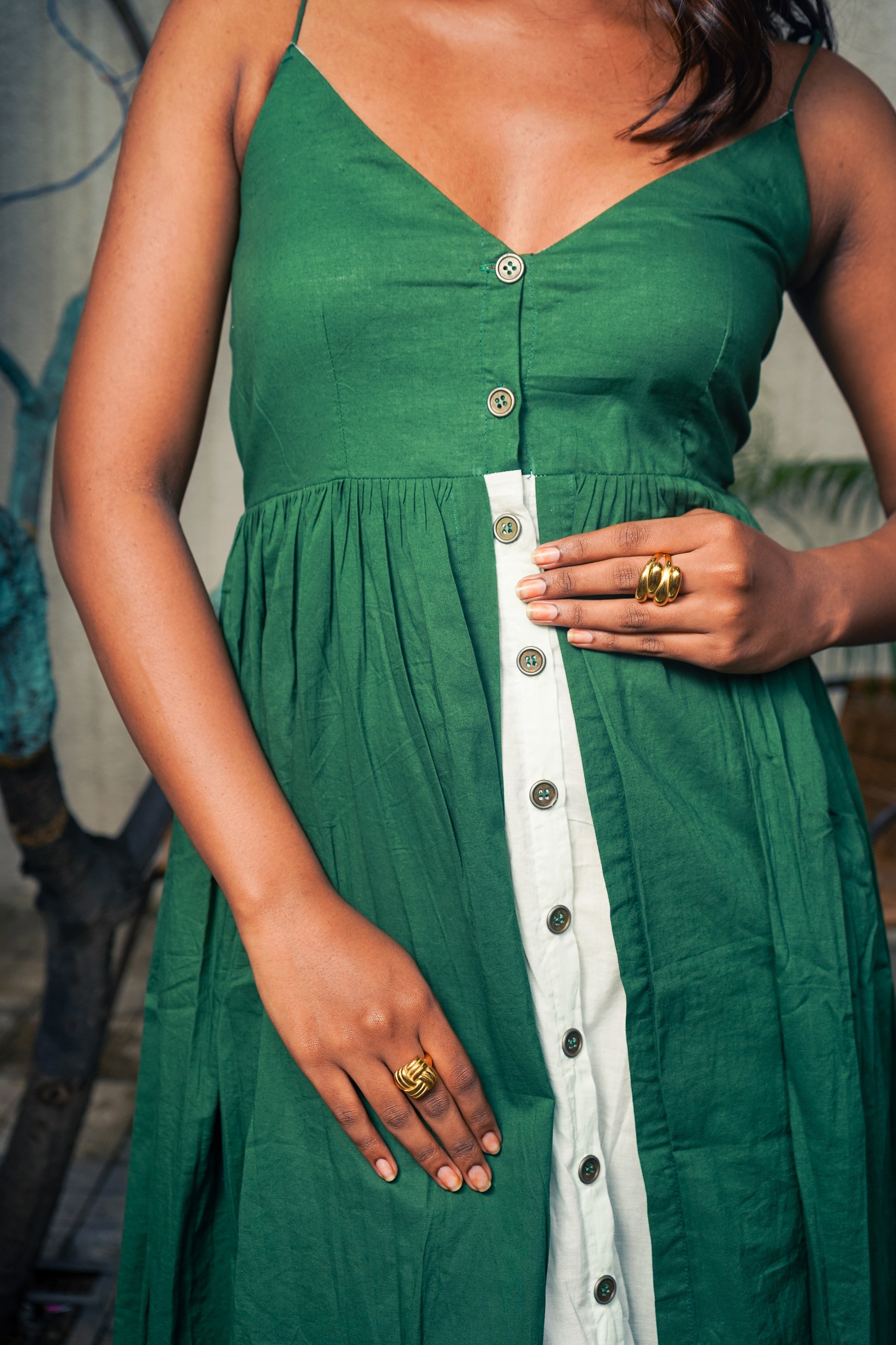 Green White Cotton Long Dress