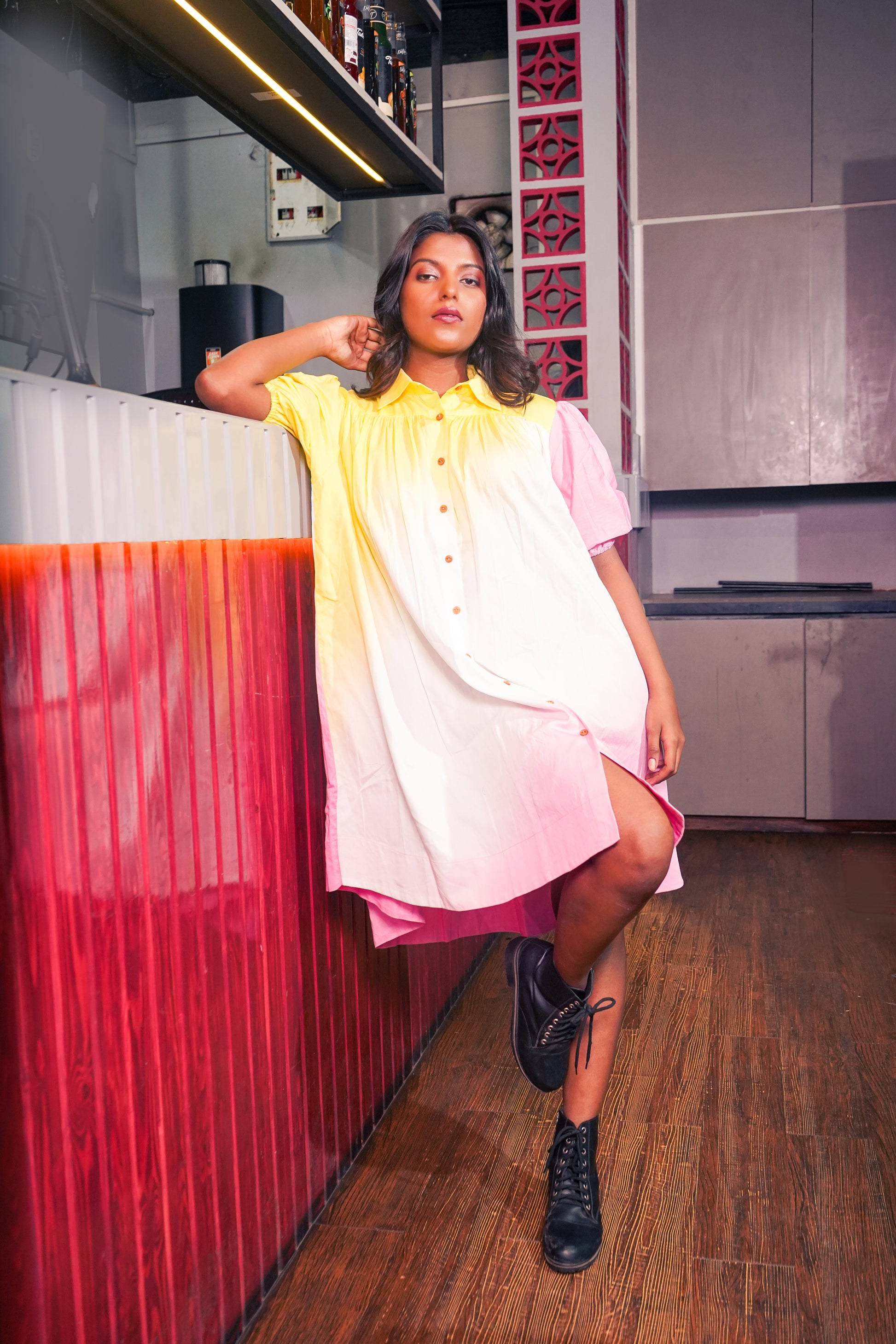 Yellow Pink White shaded Shirt Dress