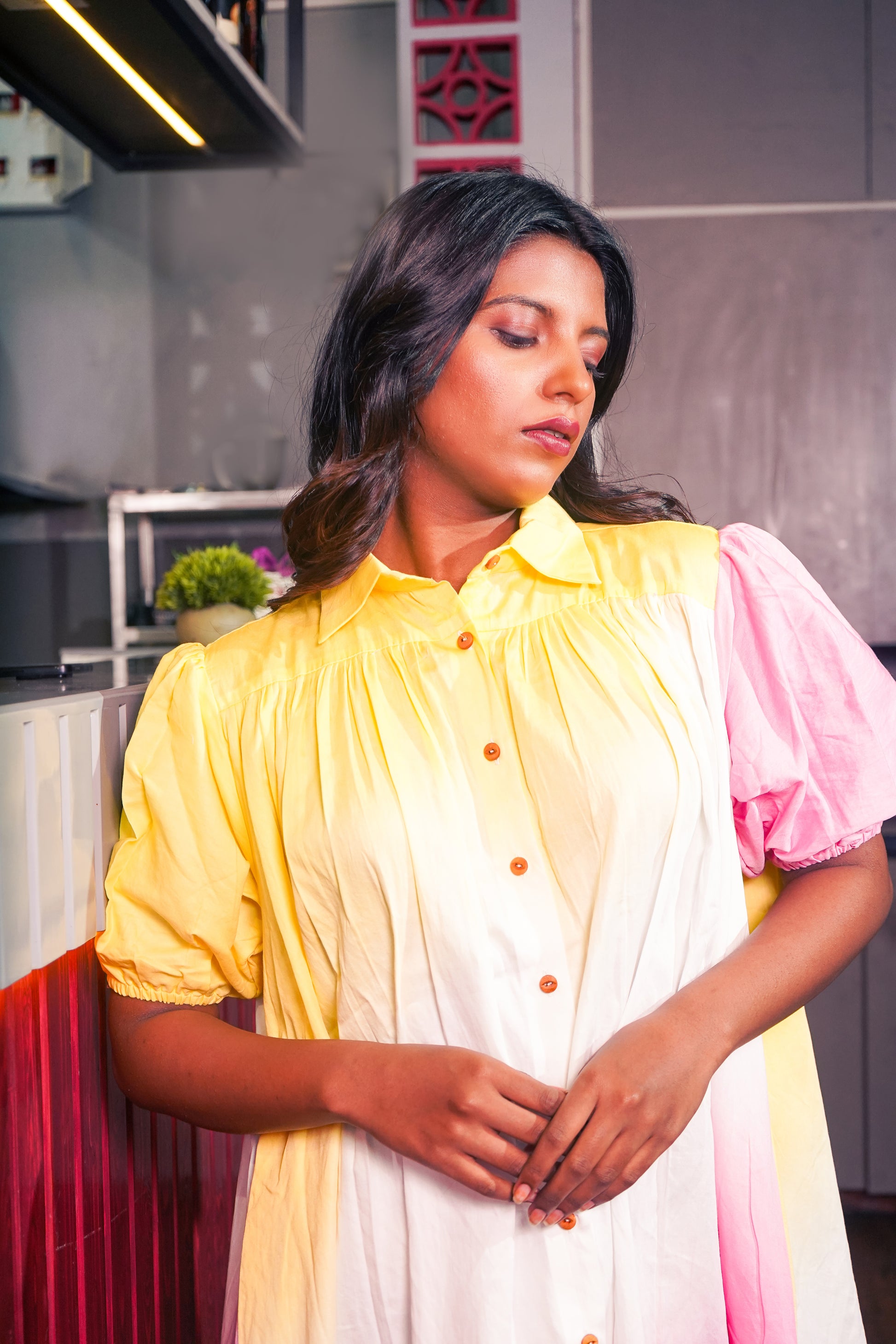 Yellow Pink White shaded Shirt Dress
