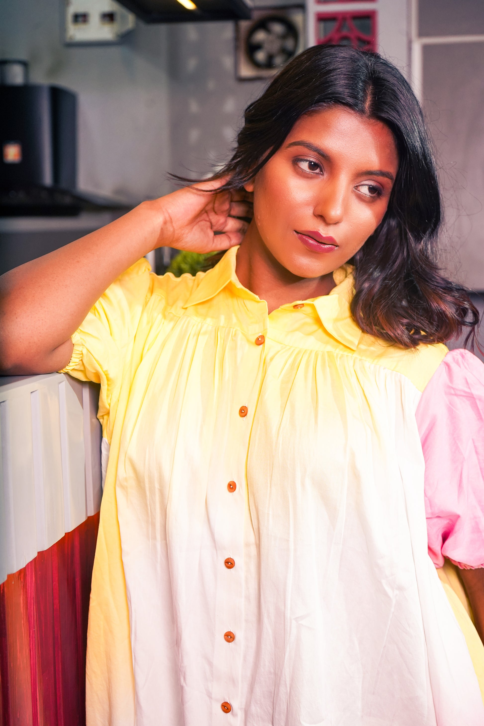 Yellow Pink White shaded Shirt Dress