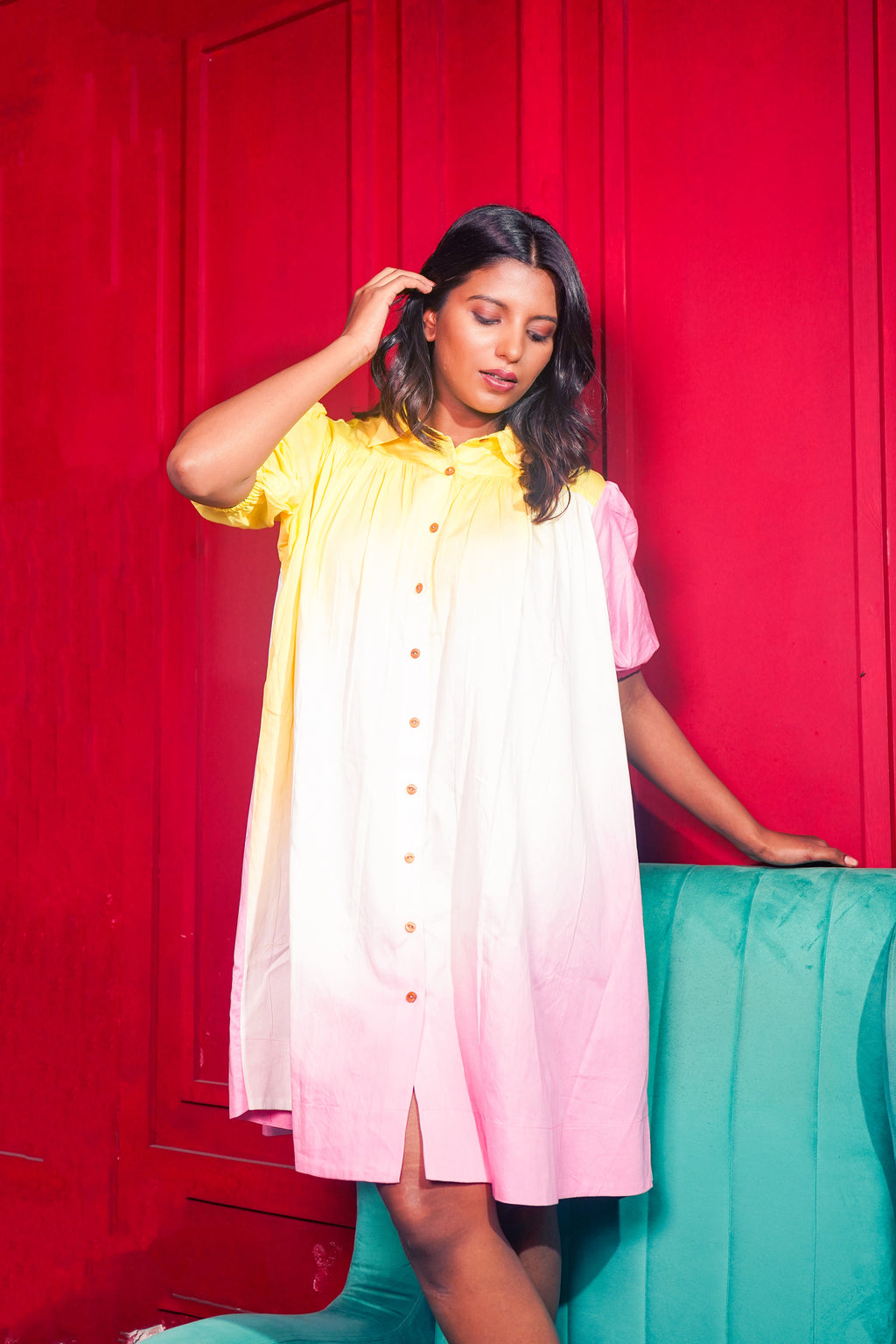 Yellow Pink White shaded Shirt Dress
