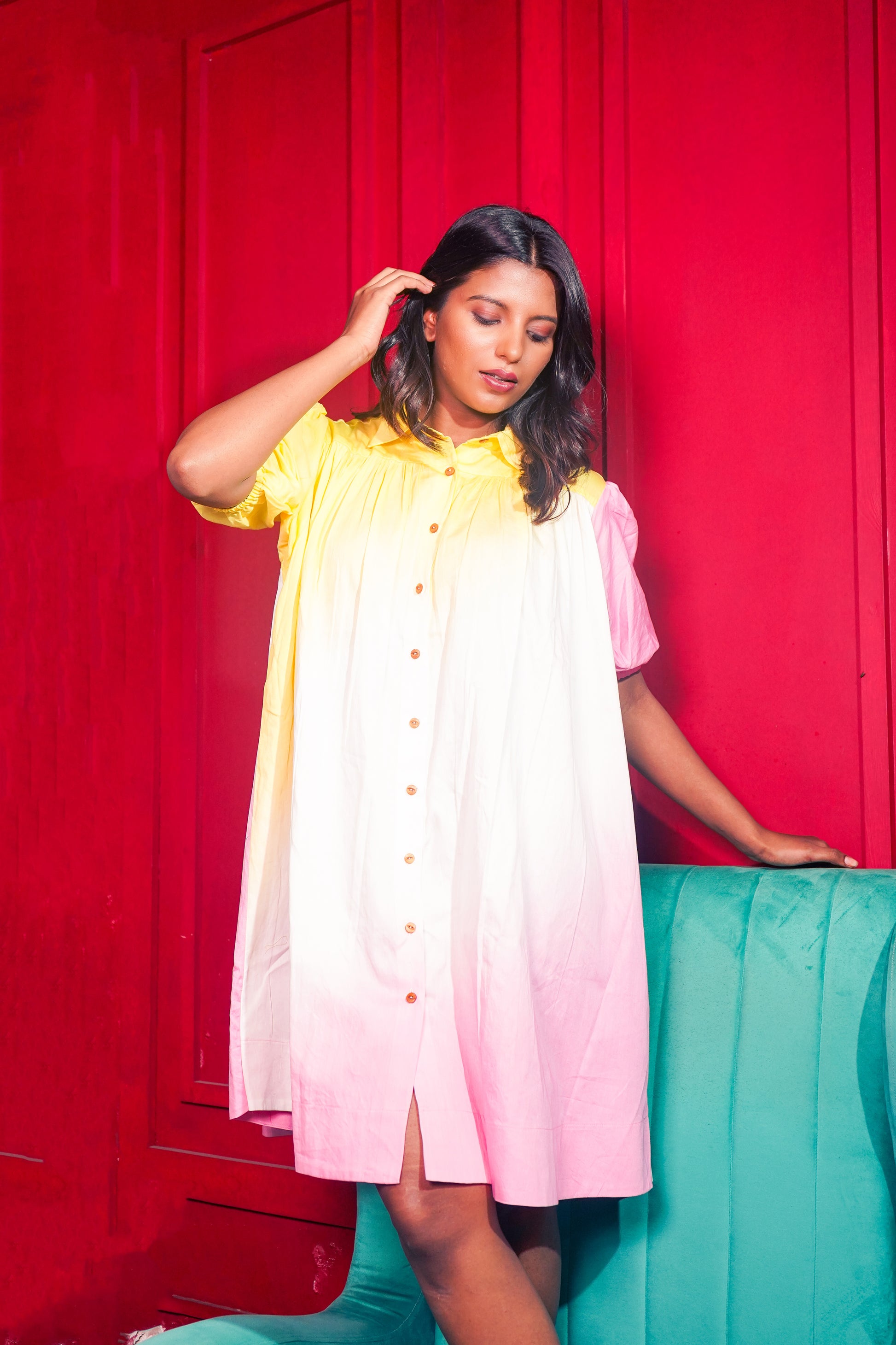 Yellow Pink White shaded Shirt Dress