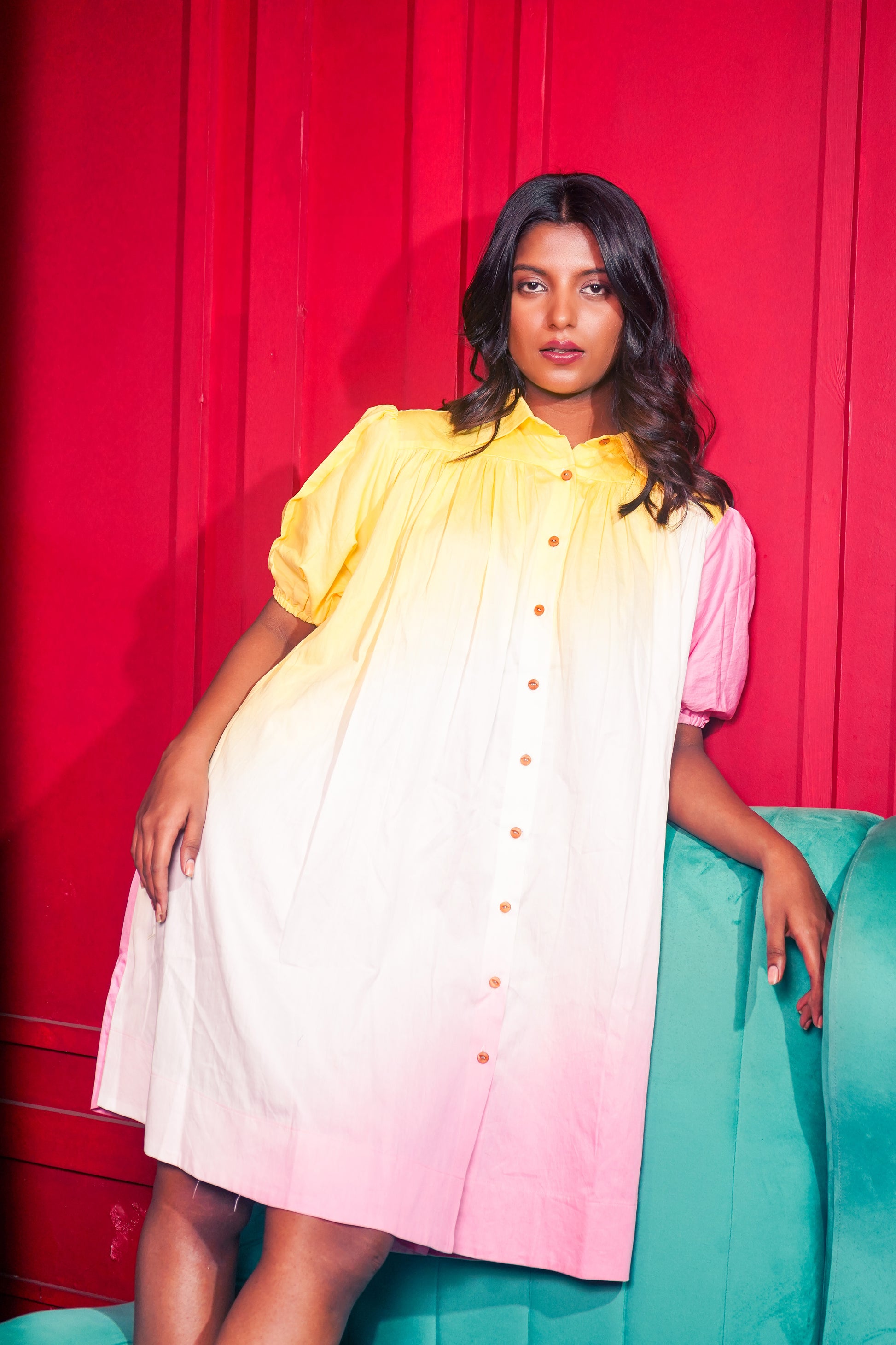 Yellow Pink White shaded Shirt Dress