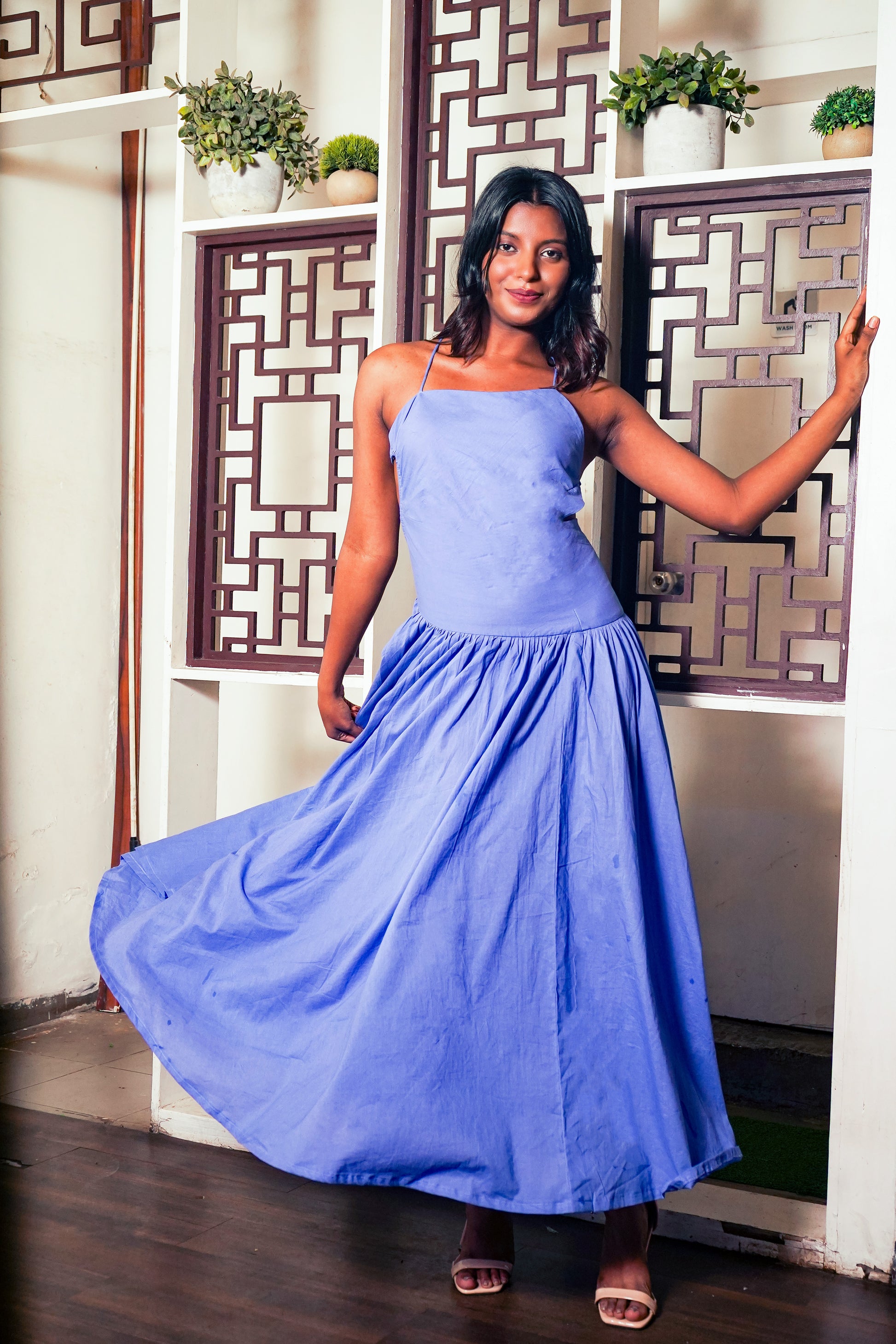 Purple Long Backless Cotton Dress