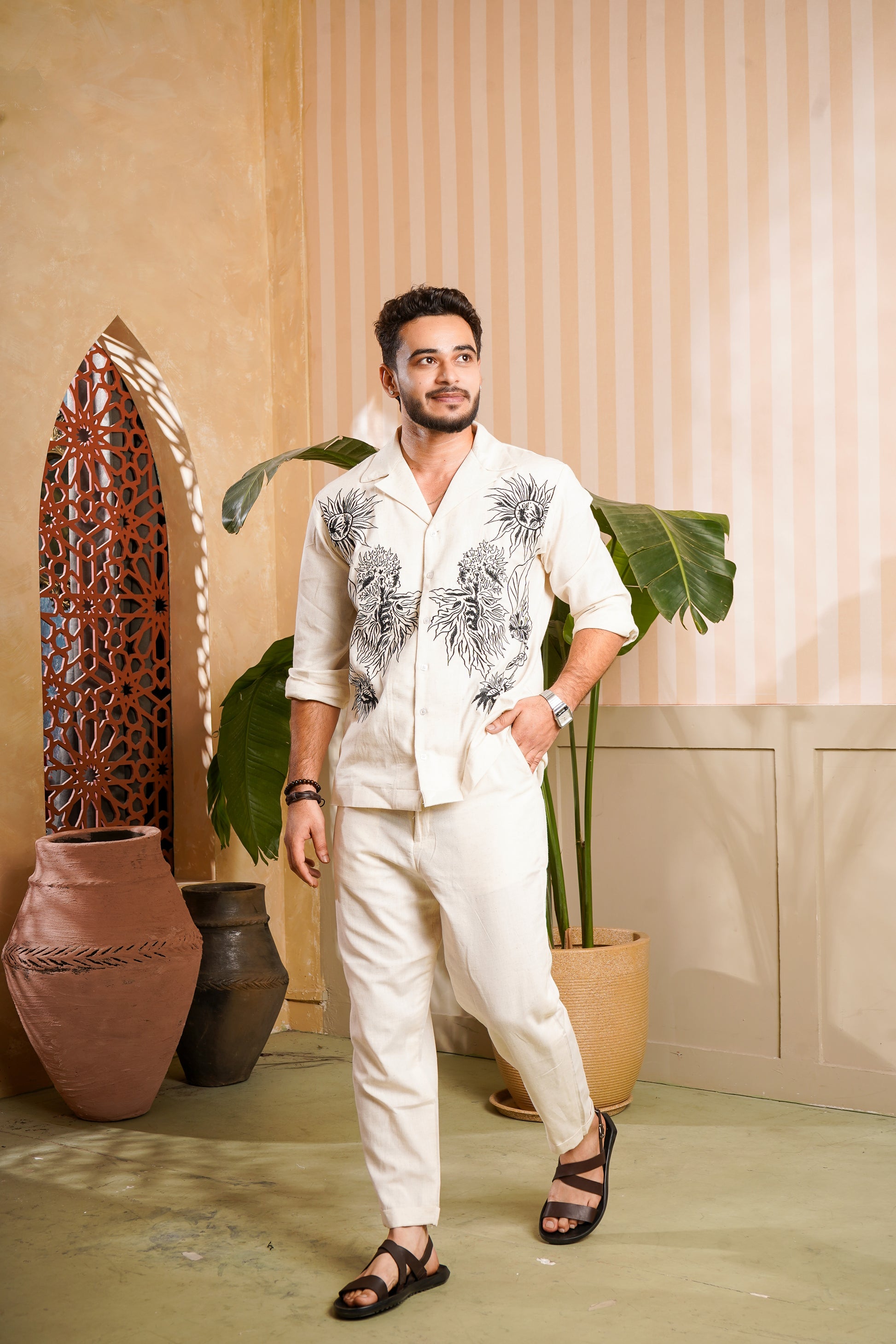 Men Beige Embroided Co-Ord Set