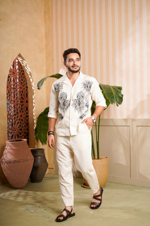 Men Beige Embroided Co-Ord Set