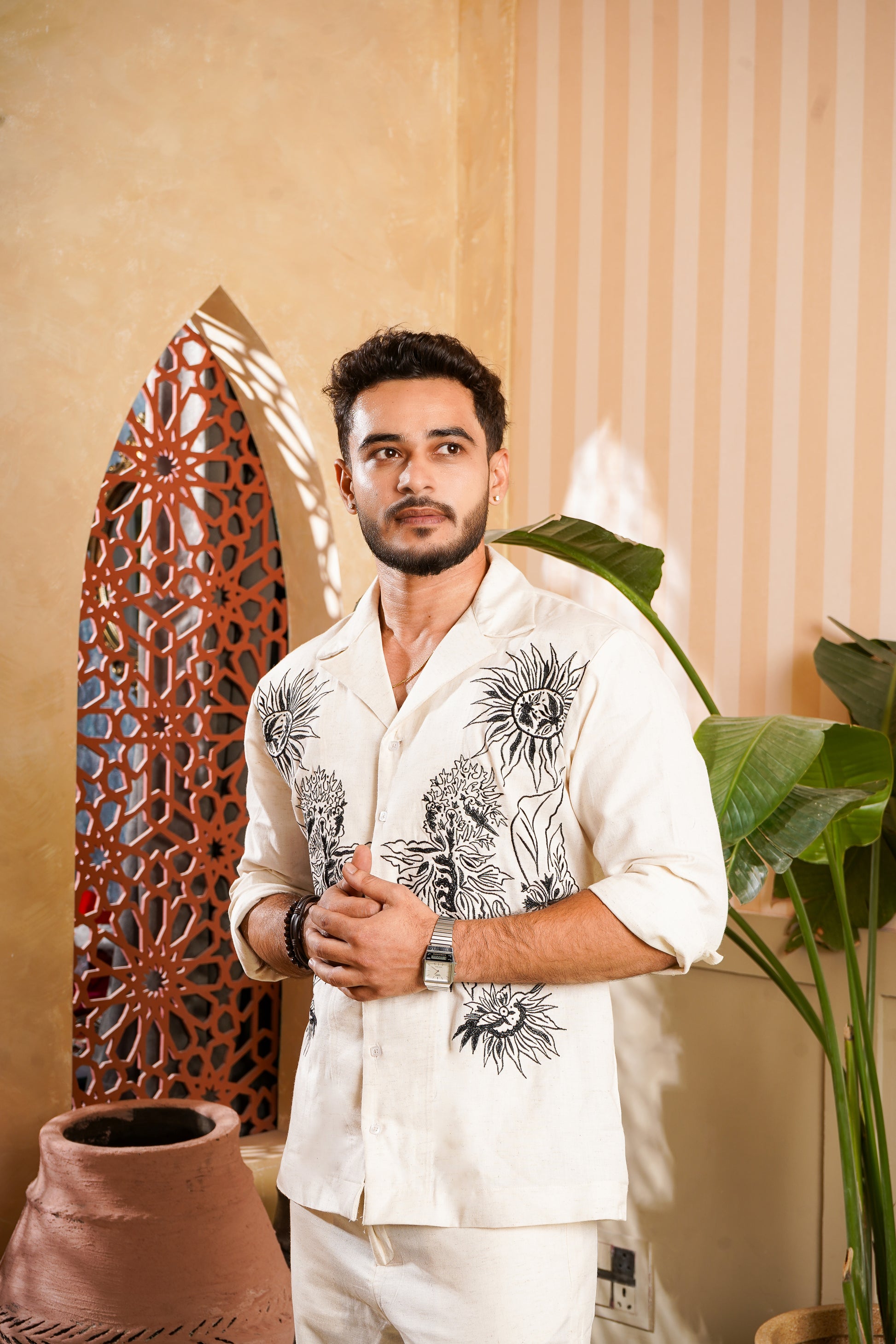 Men Beige Embroided Co-Ord Set