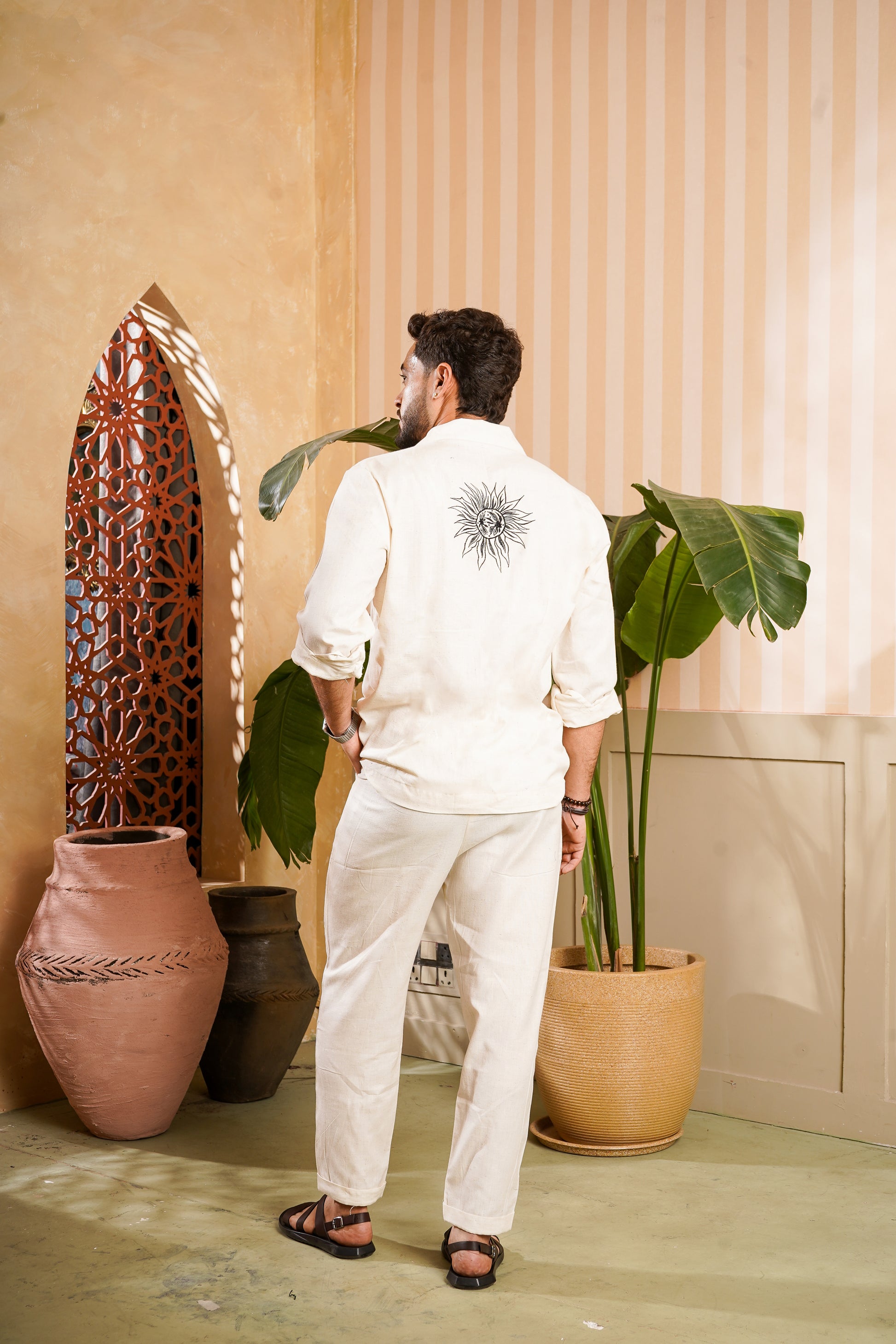 Men Beige Embroided Co-Ord Set
