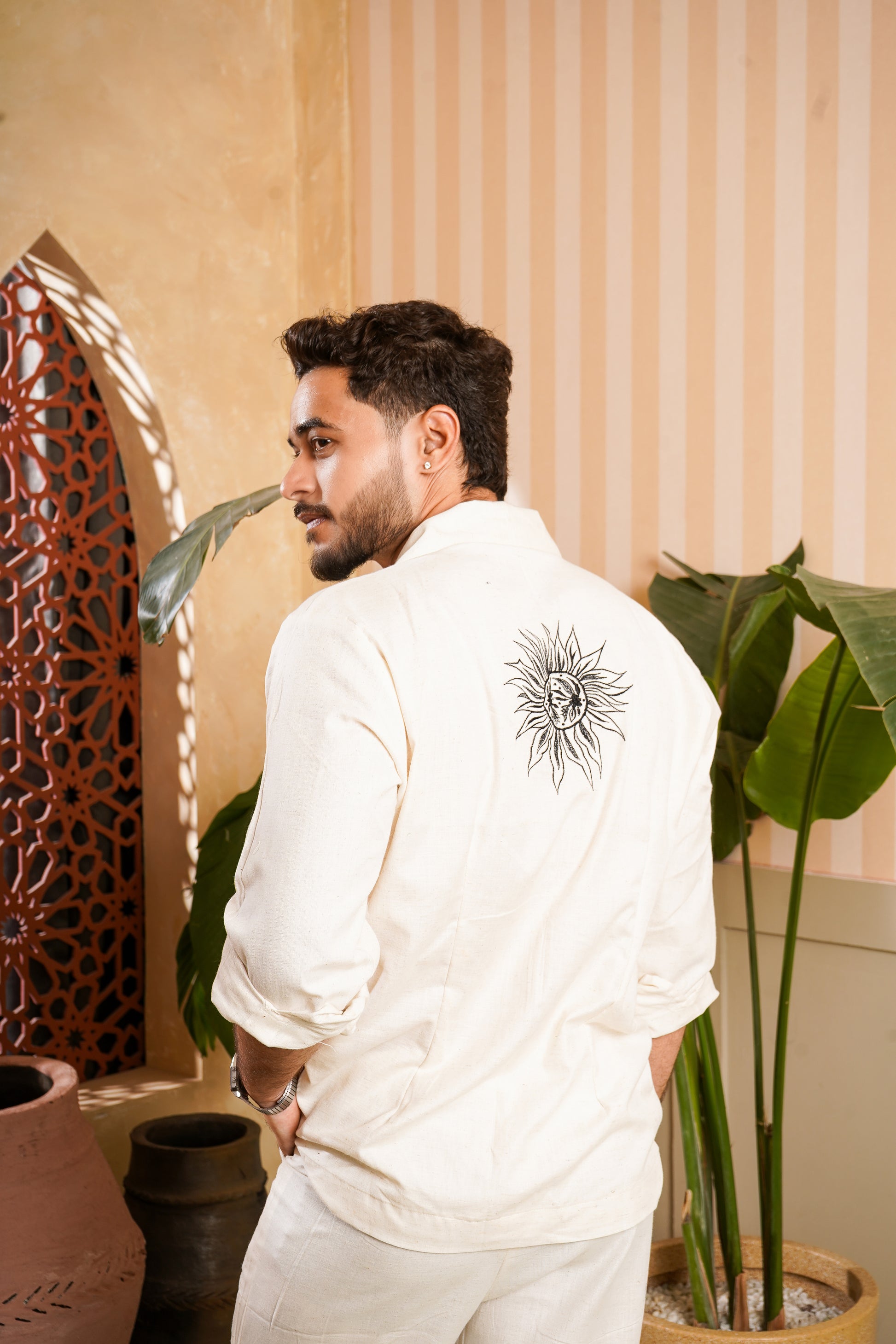 Men Beige Embroided Co-Ord Set