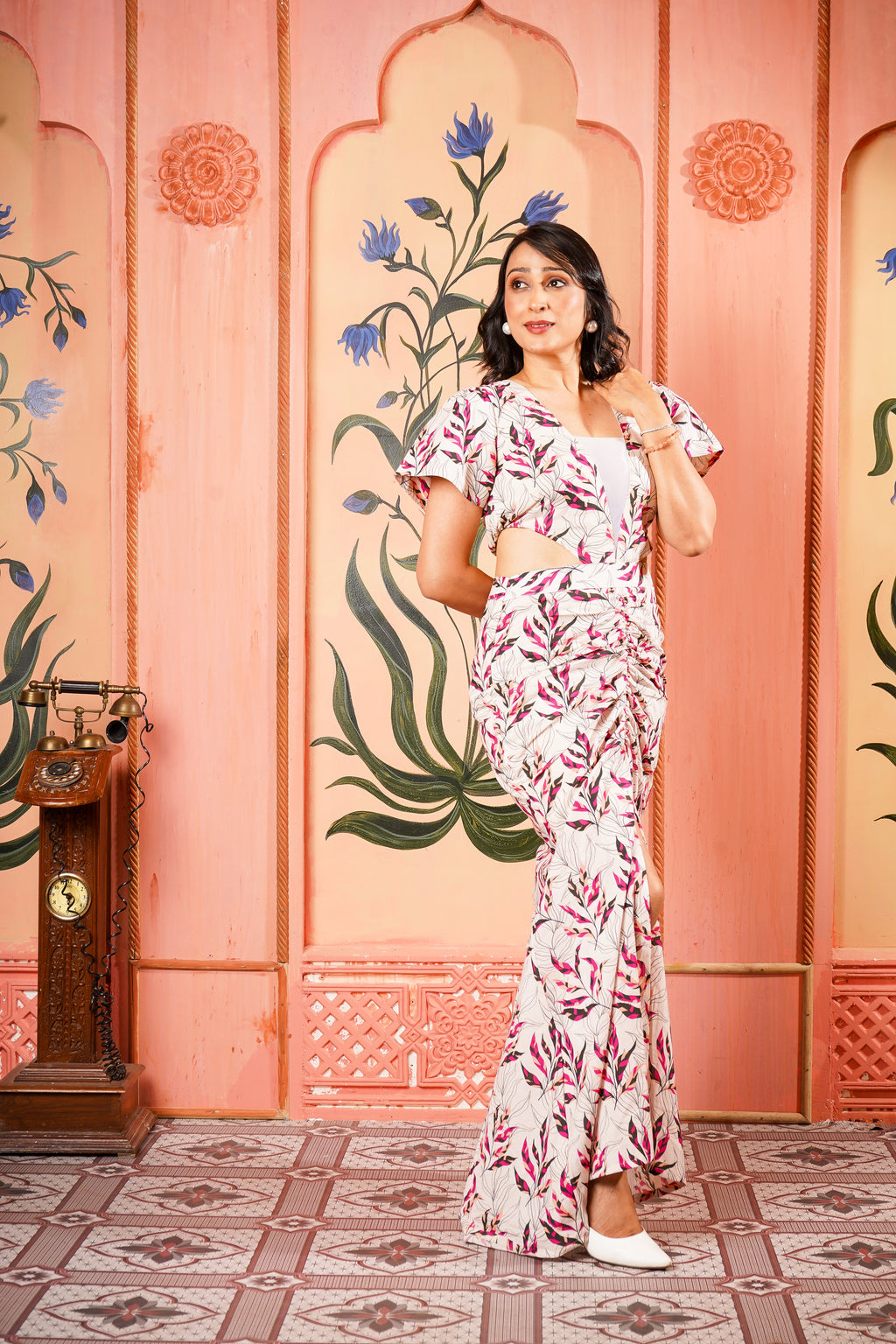 White and Pink Printed Floral Dress