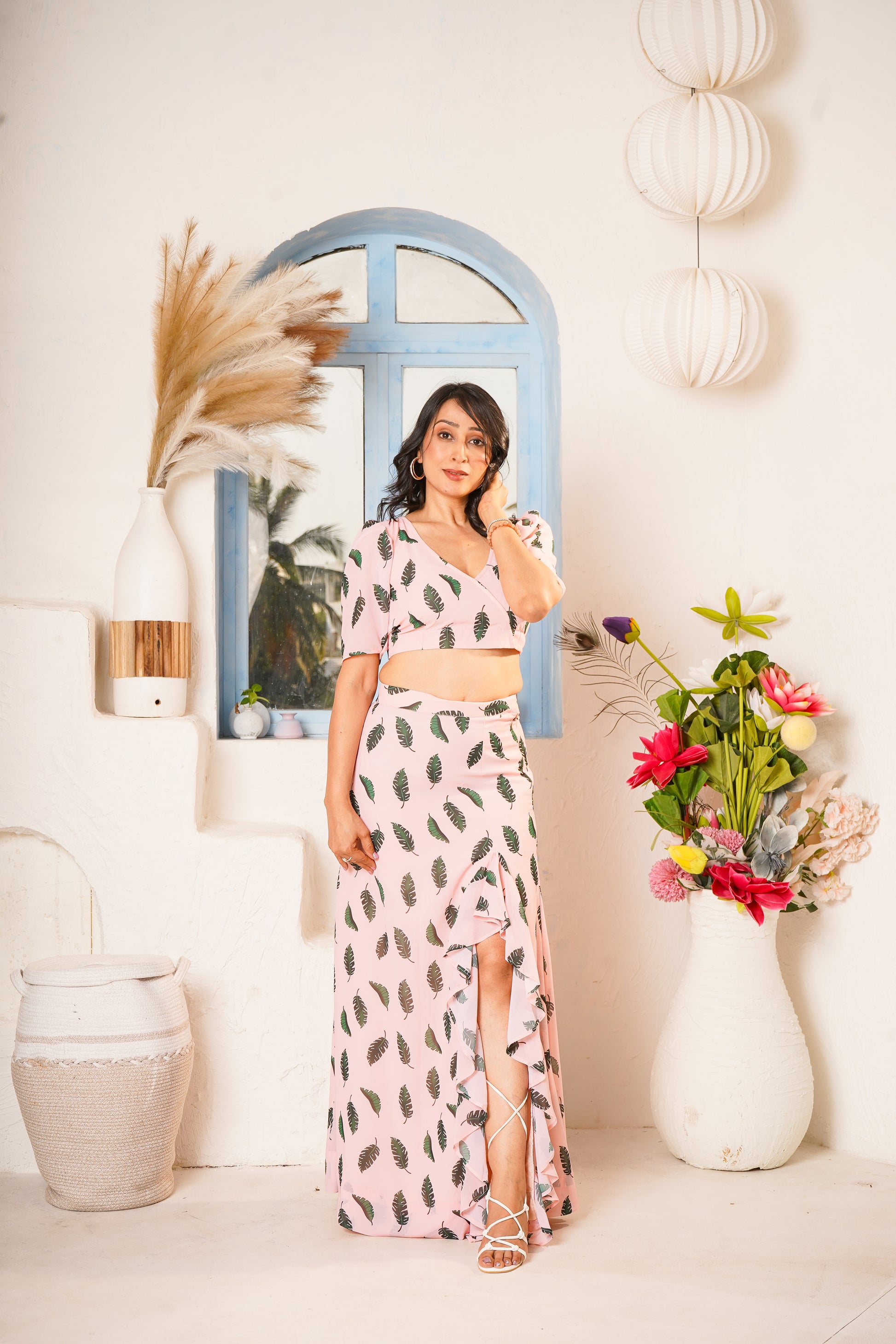 Peach Green Printed Skirt and Top