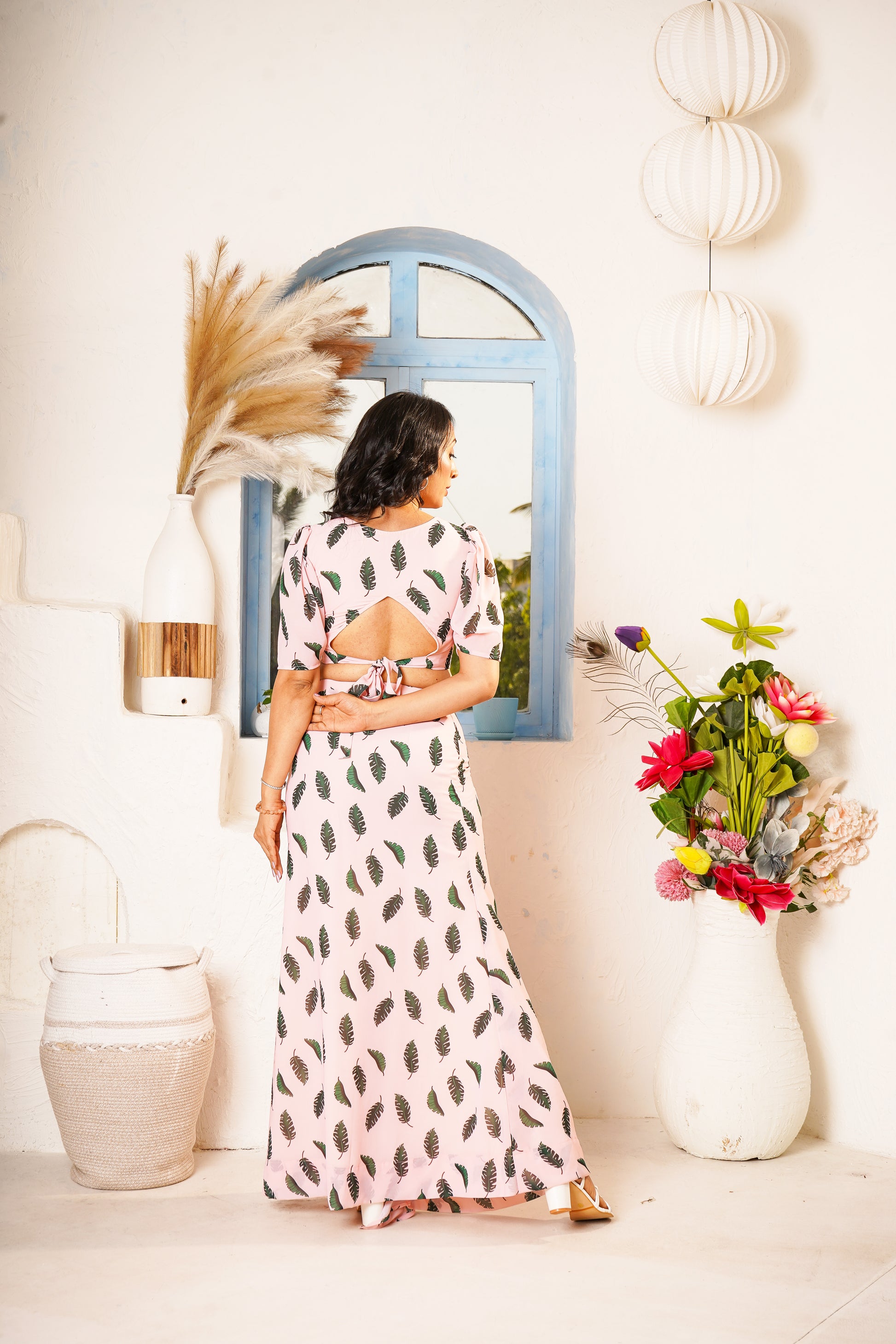 Peach Green Printed Skirt and Top