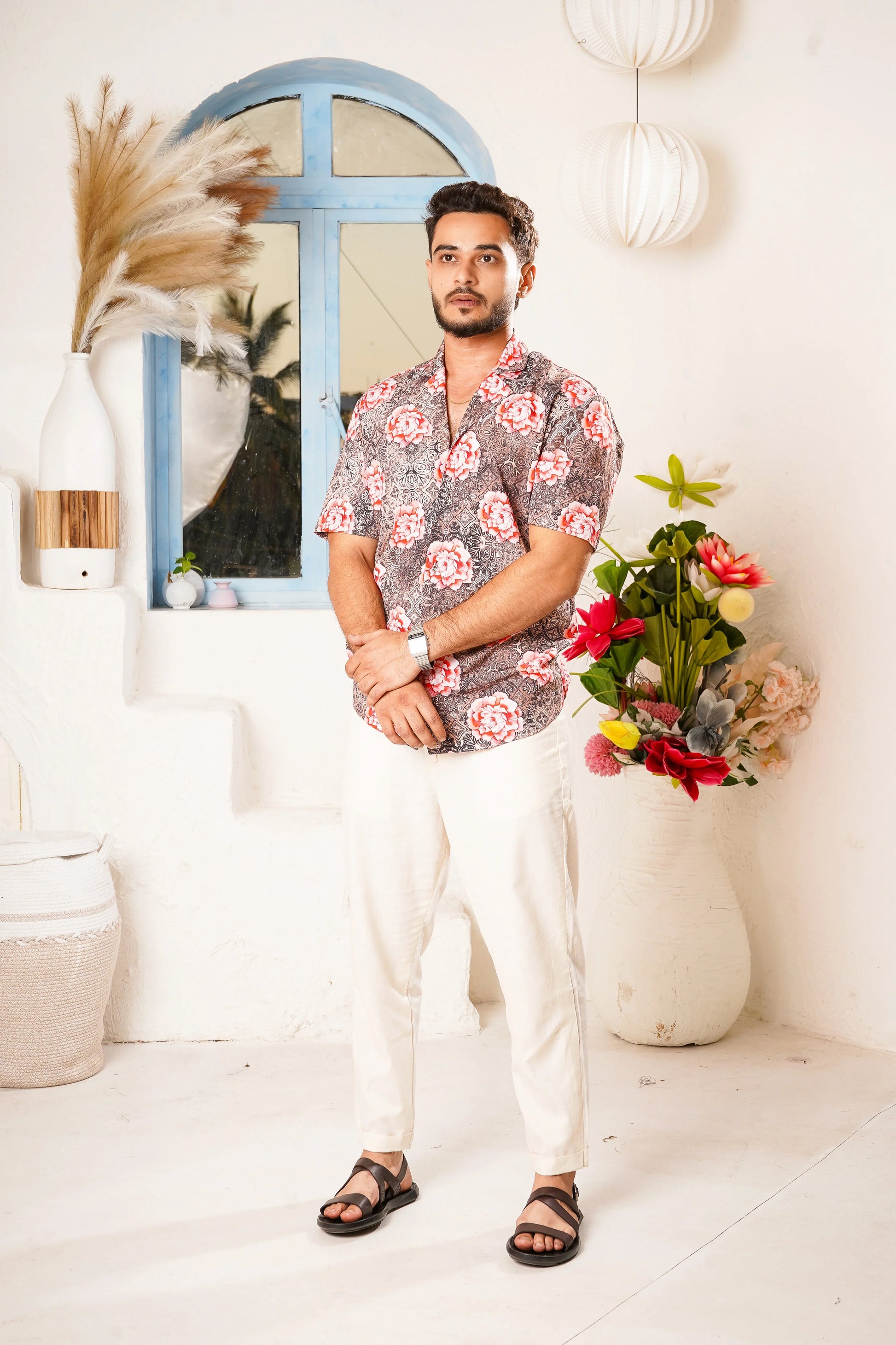 Men Floral Printed Shirt and Off-white pant