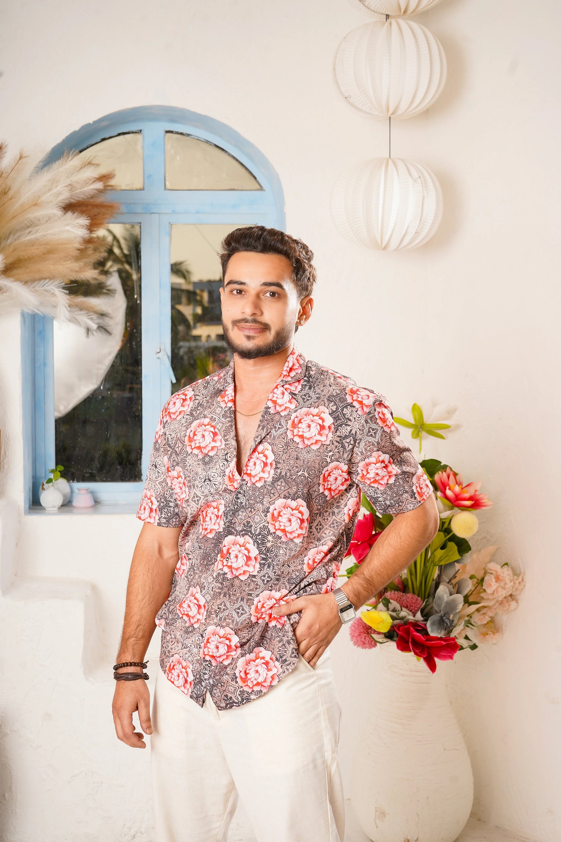 Men Floral Printed Shirt and Off-white pant