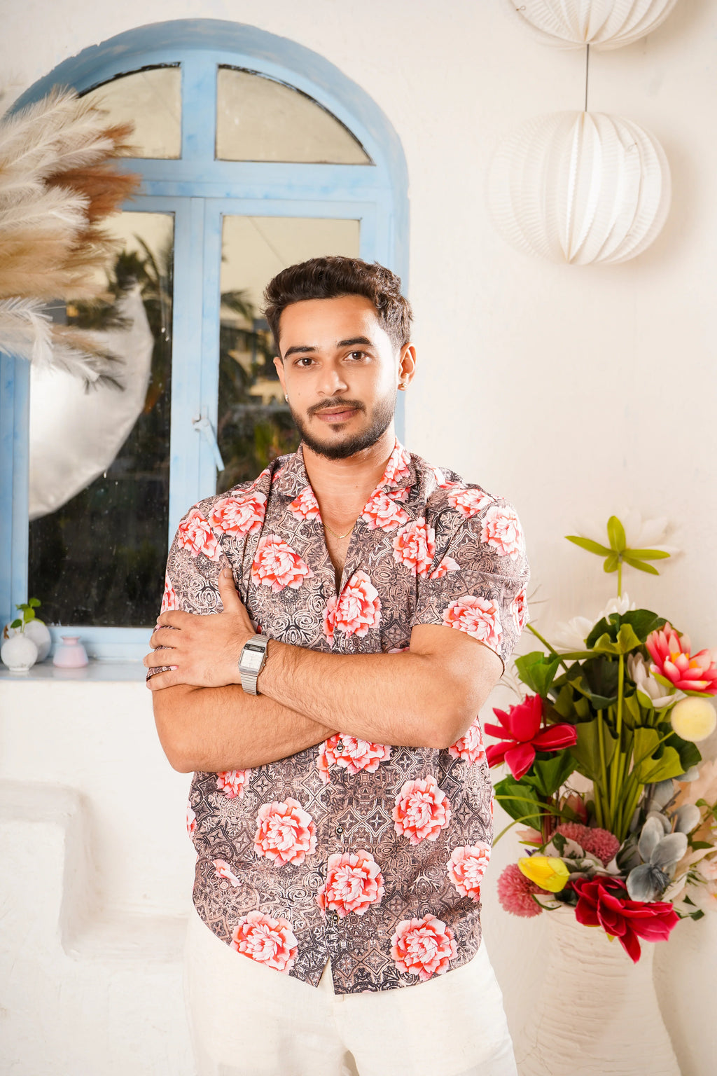 Men Floral Printed Shirt and Off-white pant