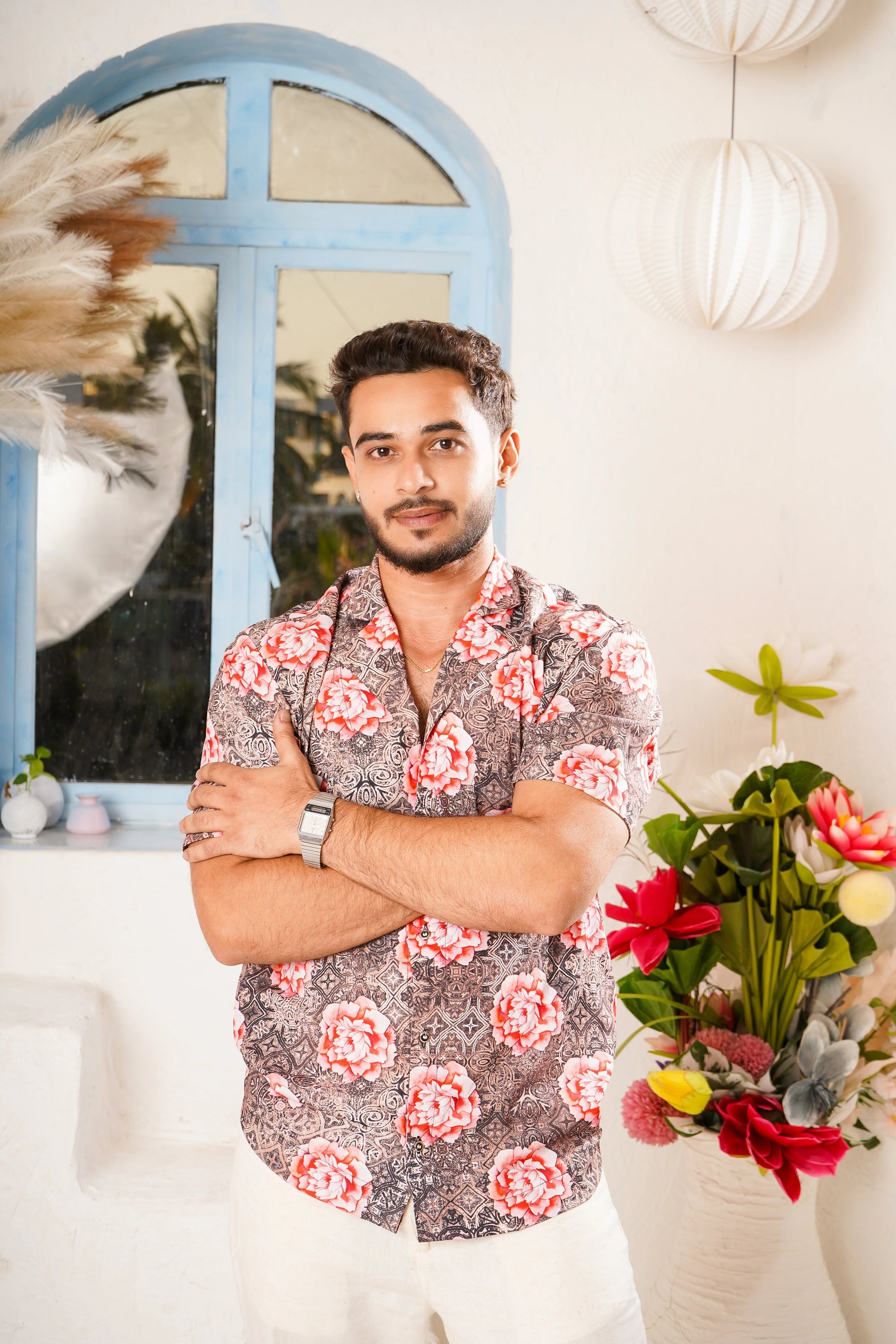Men Floral Printed Shirt and Off-white pant