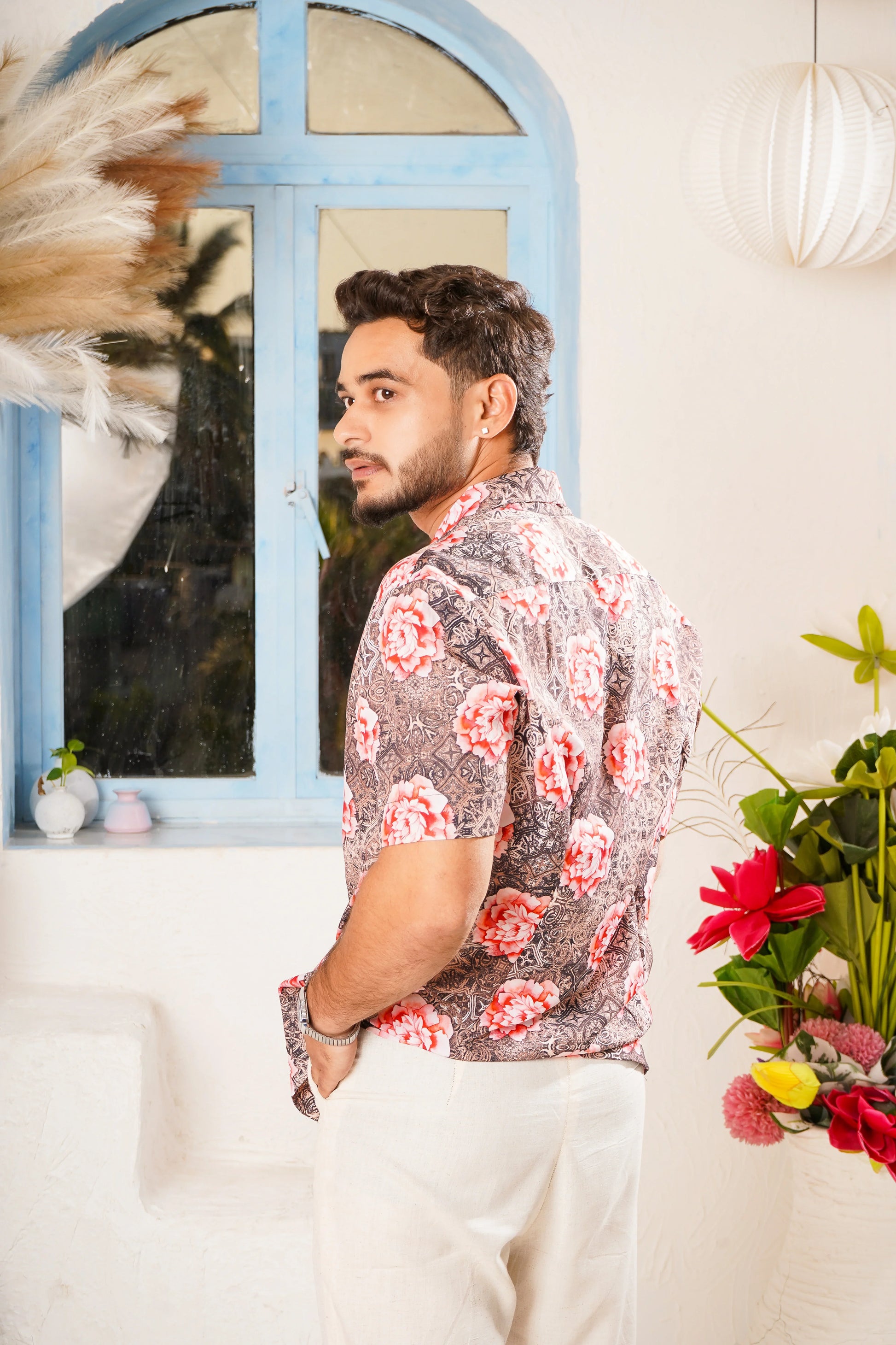 Men Floral Printed Shirt and Off-white pant