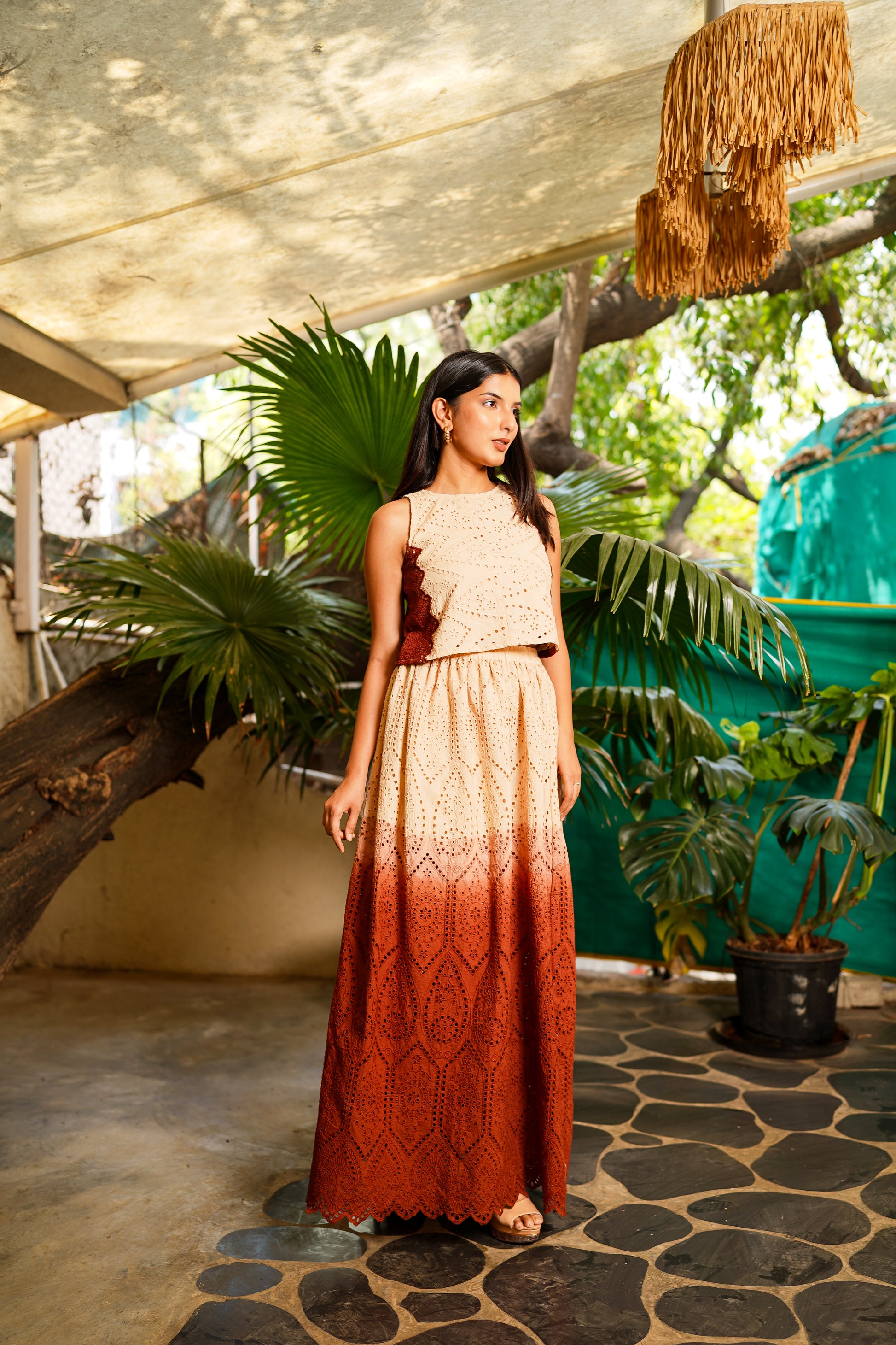 Off White and Brown Shirt Top Skirt Co-Ord set